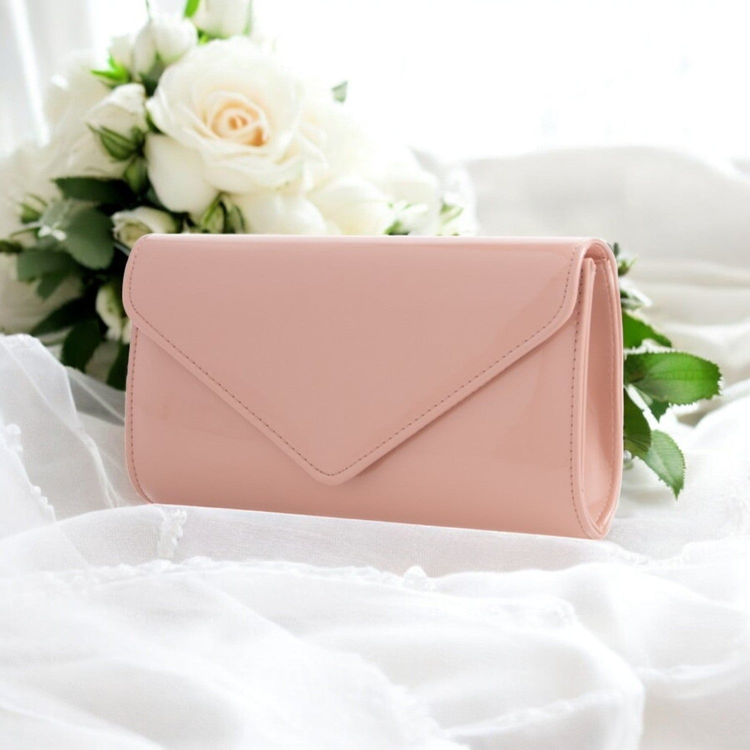 pink faux patent leather envelope clutch bag